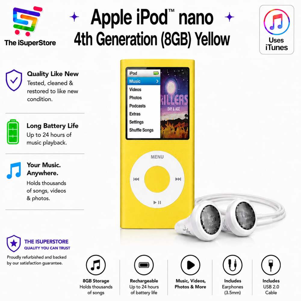 Apple iPod nano 4th Generation 8GB Yellow- New Battery- 1 YR CPS Warranty